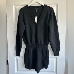 NWT Aqua Romper Black Long Sleeve Knit Button Up V-Neck